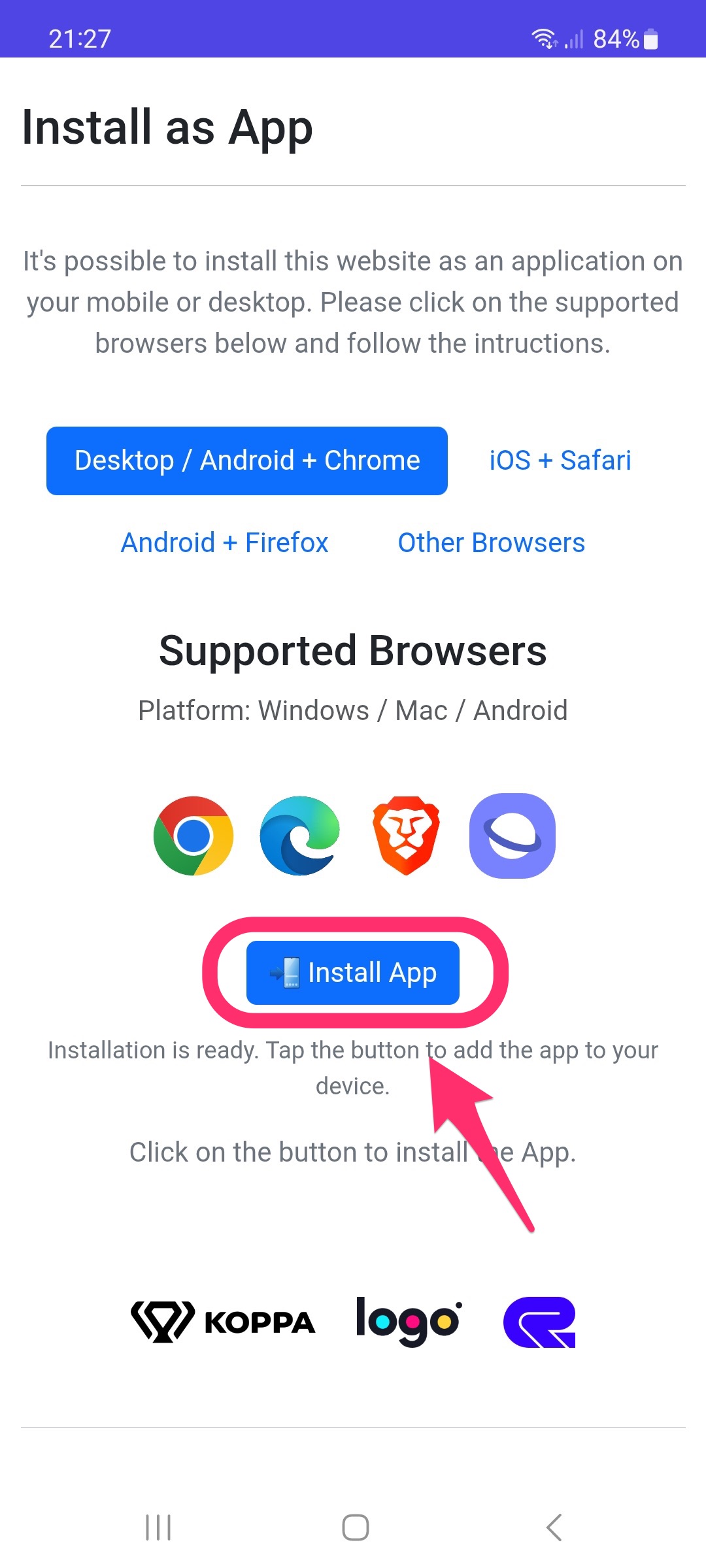 Knop Installeer App in Chrome op Android