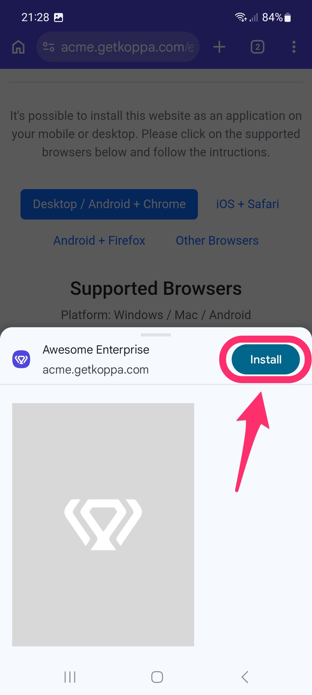 Android-bevestigingsvenster voor installatie in Chrome