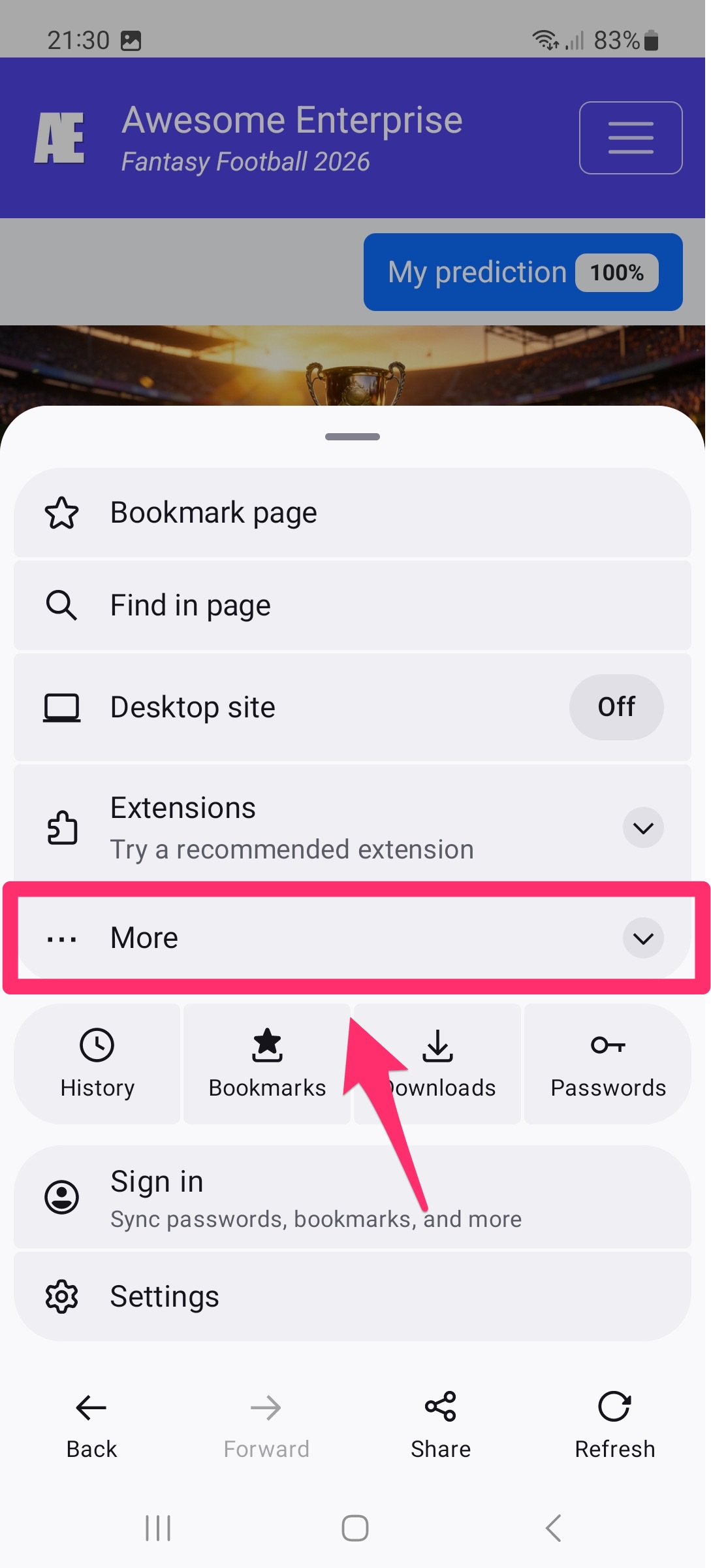 Optie Meer in het Firefox-menu op Android