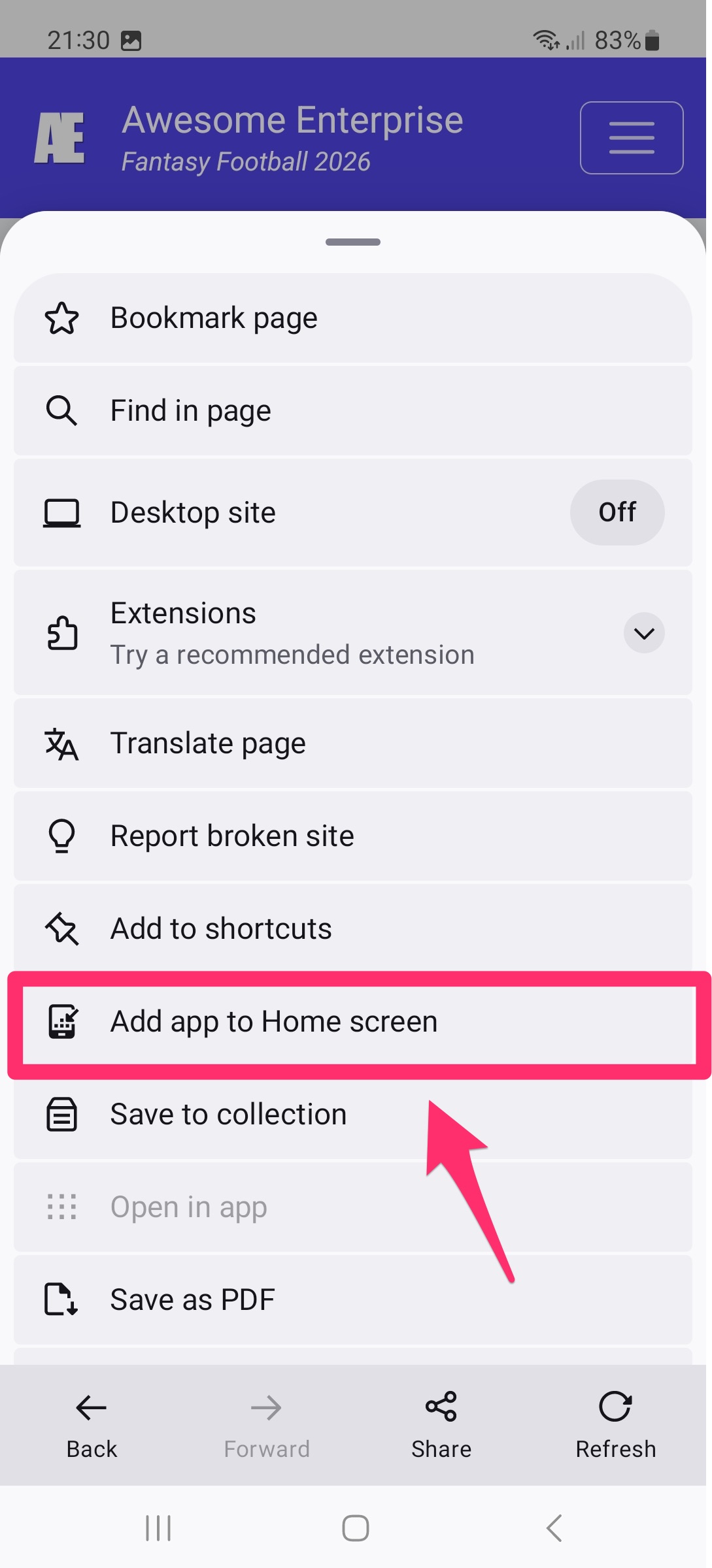 Optie App toevoegen aan beginscherm in Firefox op Android