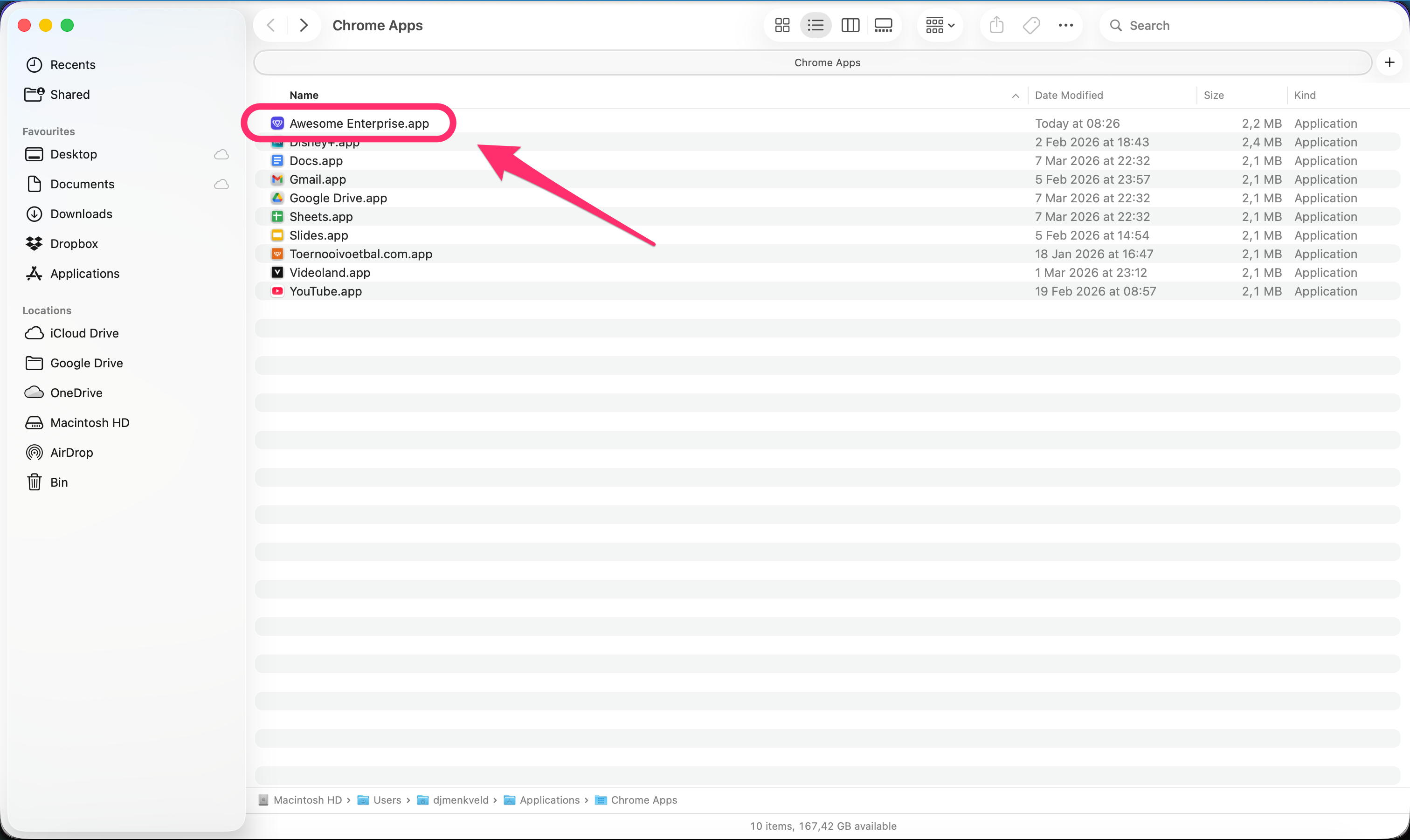 App opgeslagen in de map Chrome Apps