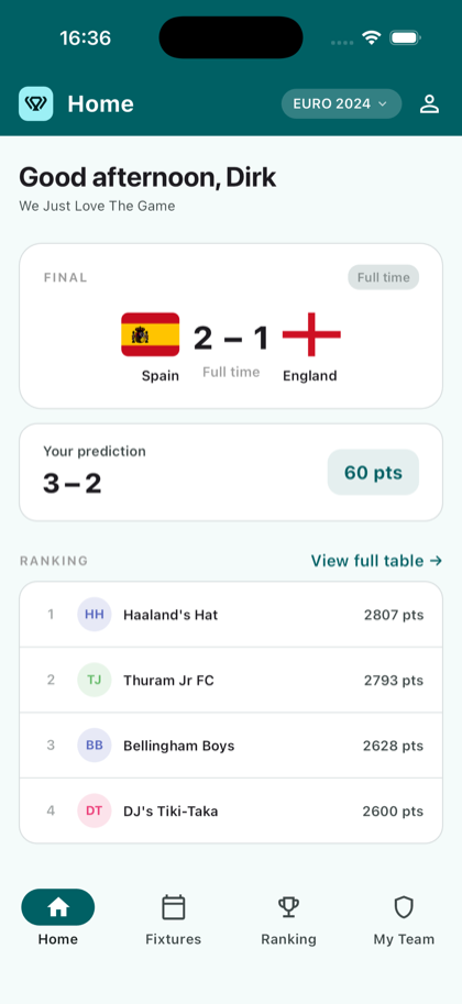 De Koppa-app met een wedstrijduitslag, jouw voorspelling en de stand