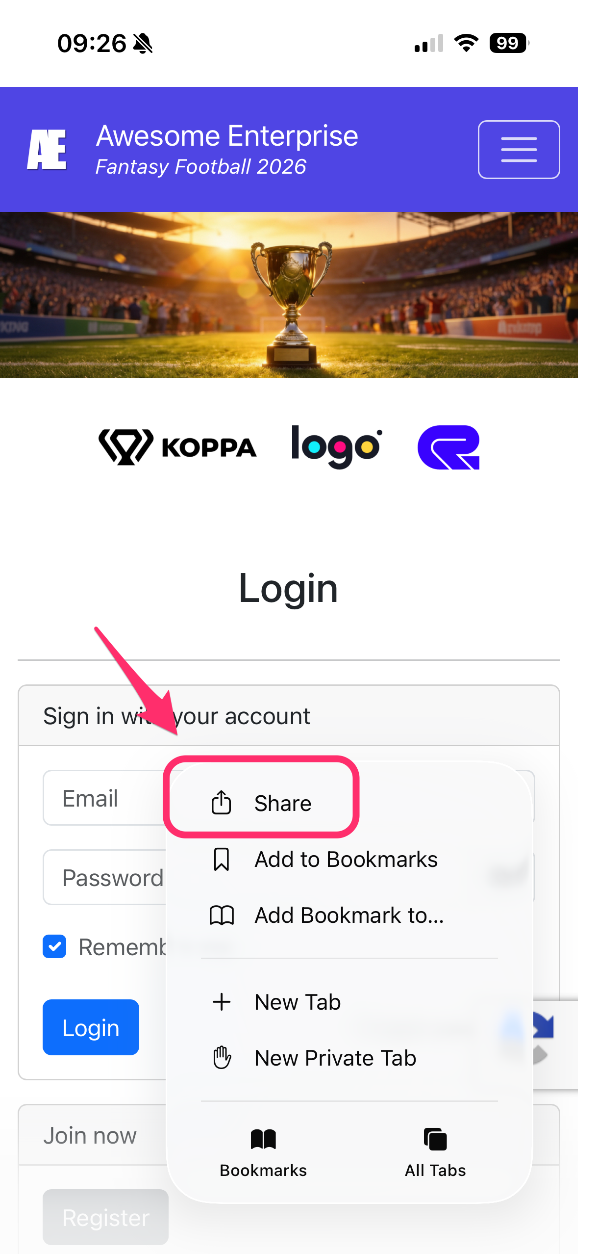 Safari-deelmenu op iPhone